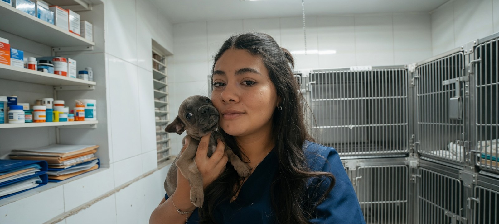 Veterinarian holding a puppy in a clinic in the Lake Chapala area, Jalisco