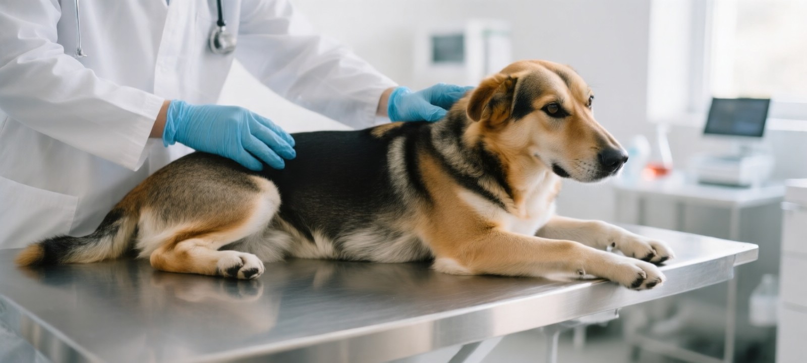 Veterinarian examining a young dog recovering from canine distemper in a clinical setting